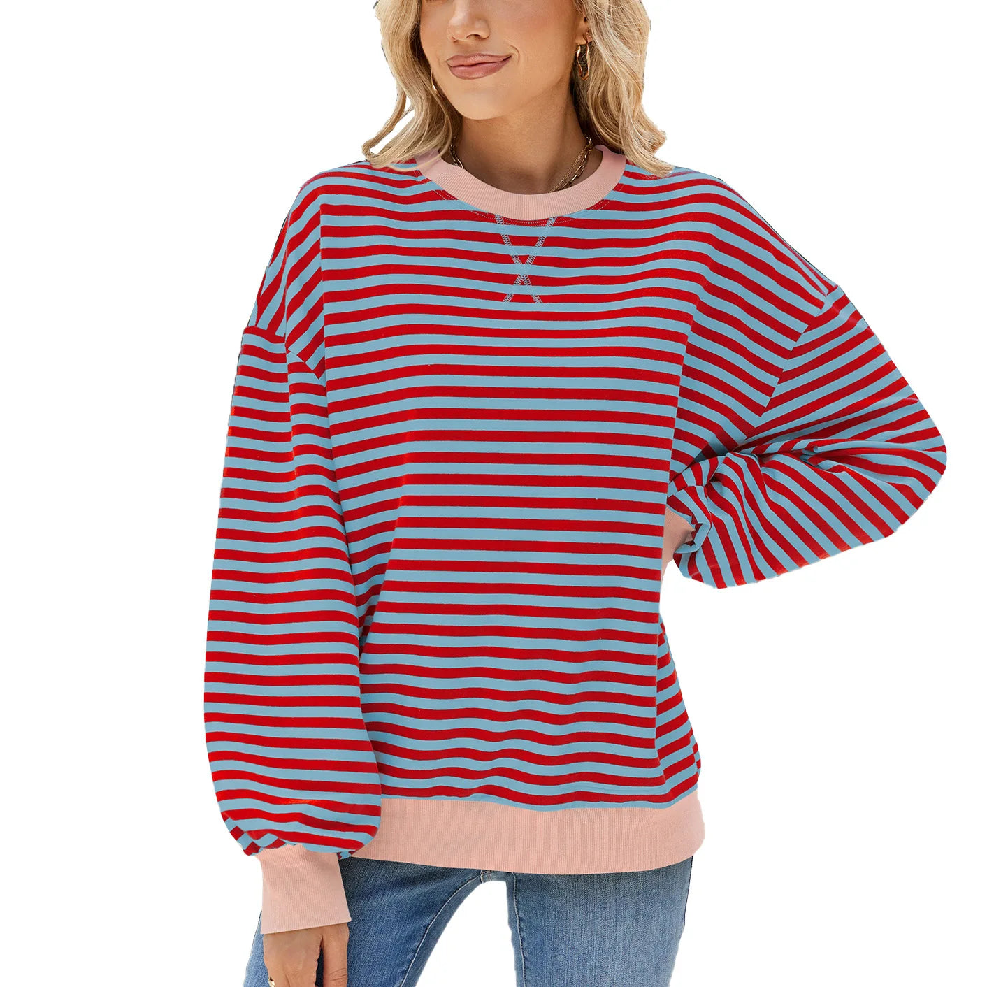 T-shirt à manches longue décontracté ample rayé pour femmes