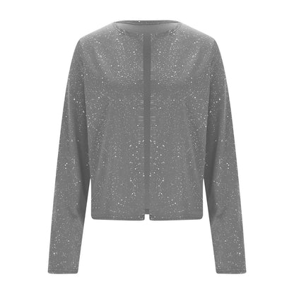 Cardigan Court Scintillant Femme – Col Rond et Manches Longues