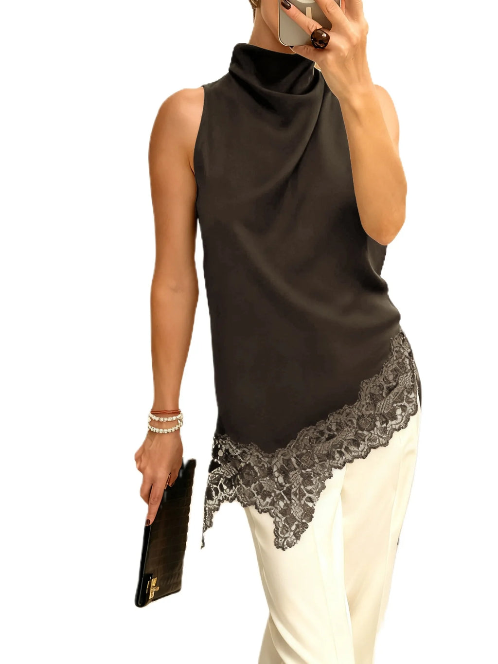 Gilet en soie asymétrique sexy avec empiècements en dentelle pour femmes