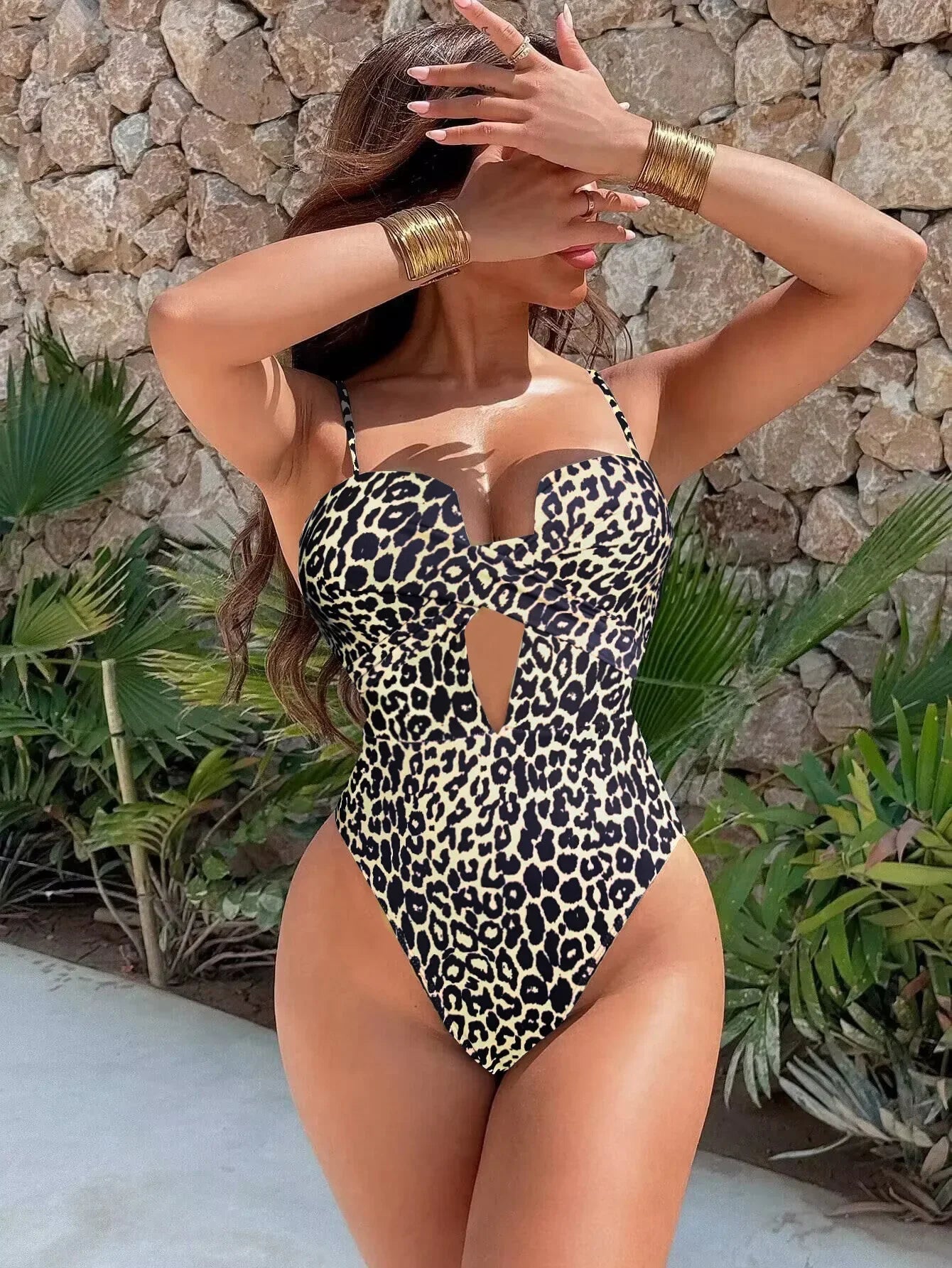 Maillot de bain une pièce imprimé léopard, taille haute pour femmes