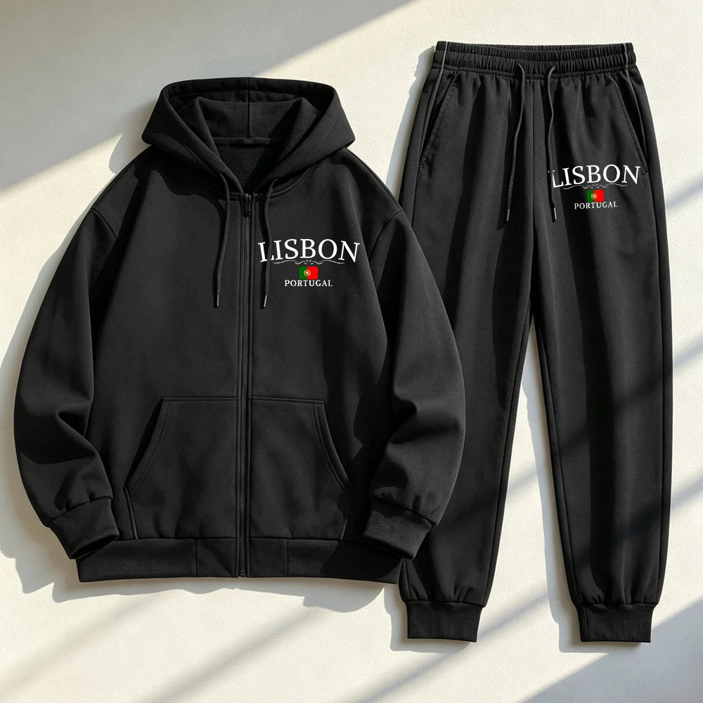 Ensemble 2 pièces imprimé Lisbonne Portugal, sweat à capuche zippé et pantalon de jogging pour femmes
