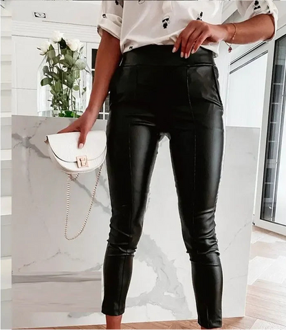 Pantalon Ajusté Taille Haute en Similicuir à Empiècements