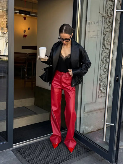 Veste Femme Noire Ample en Similicuir à Col Revers
