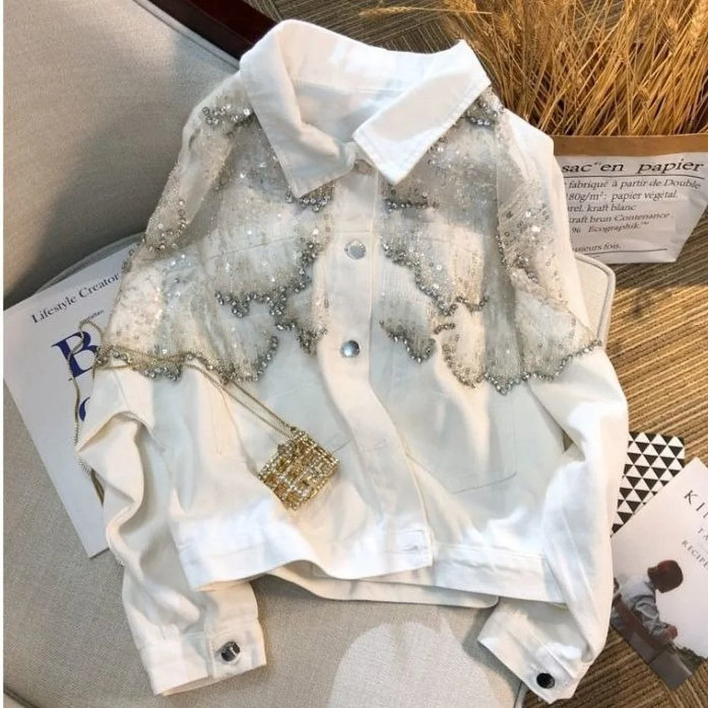 Veste en jean brodée de diamants pour femmes