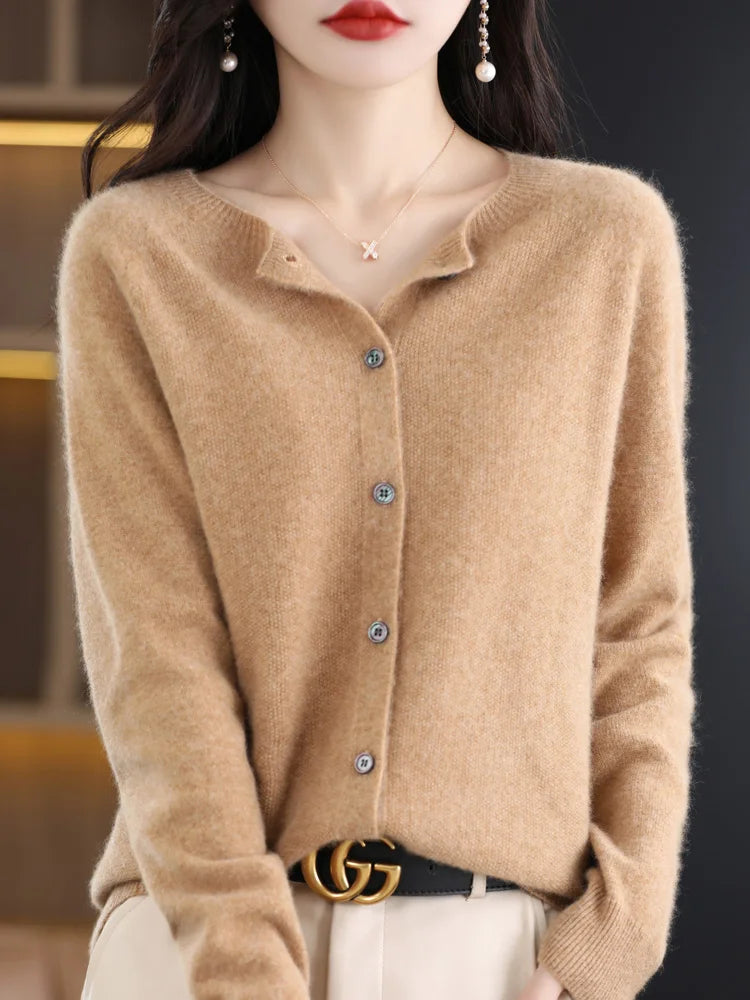 Cardigan à col rond en laine mérinos pour femmes