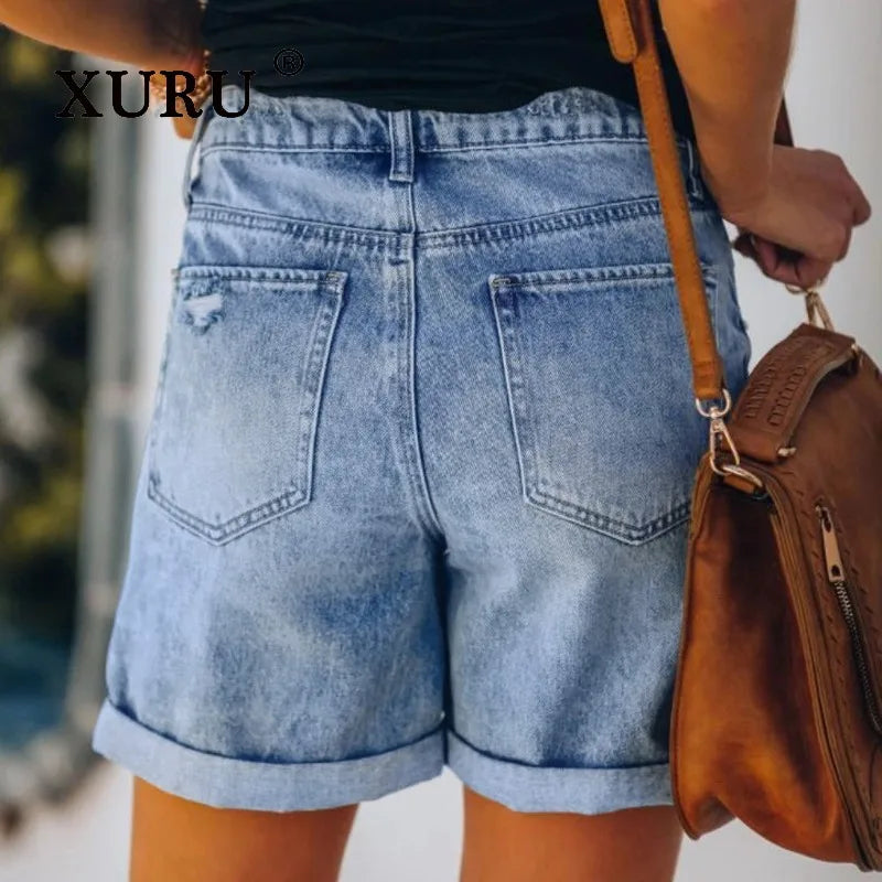 Short en jean à franges déchirées taille haute pour femmes