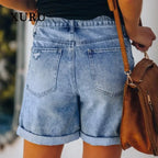 Short en jean à franges déchirées taille haute pour femmes
