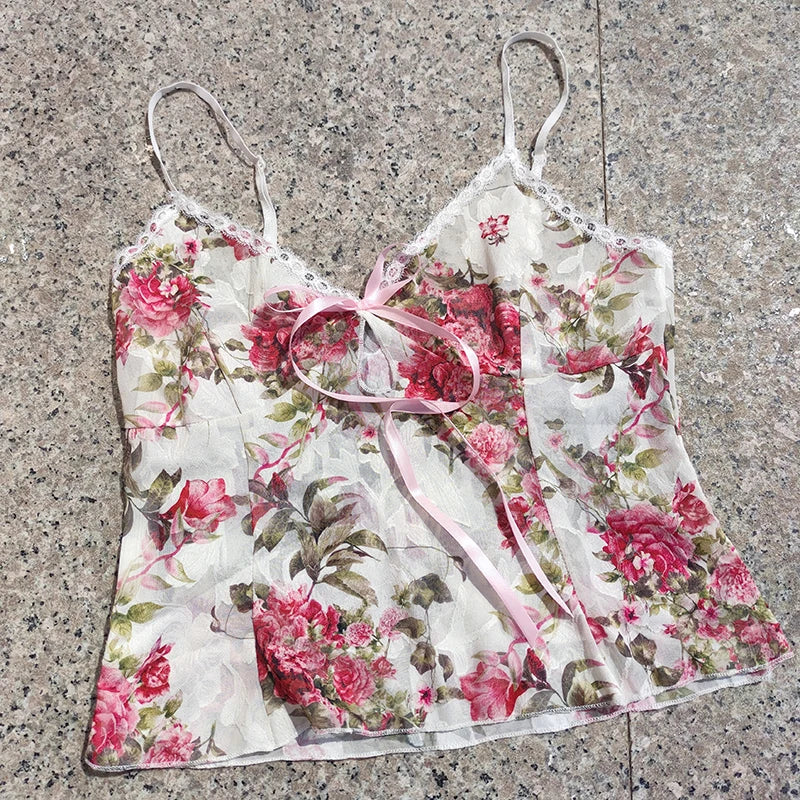 Débardeur en maille transparente à imprimé floral pour femmes