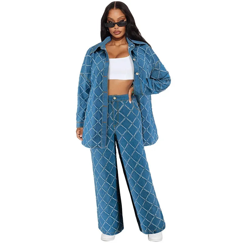 Ensemble 2 pièces chemise en jean à manches longues et pantalon large pour femmes