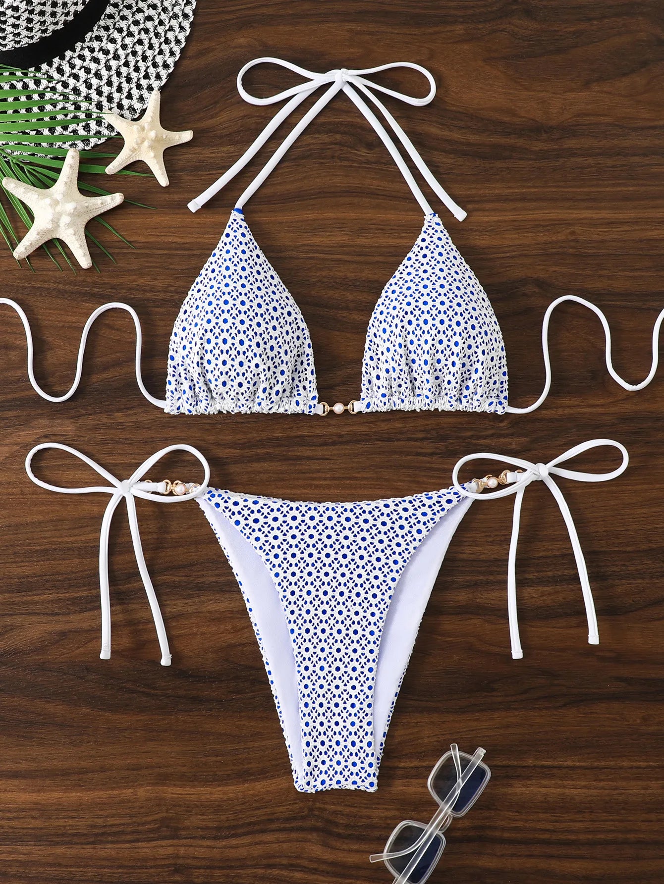 Maillot de bain deux pièces à bretelles en maille et dentelle pour femmes