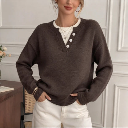 Pull Effet Deux Pièces Femme – Col V Boutonné