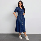Robe longue en jean à simple boutonnage et col cranté pour femmes