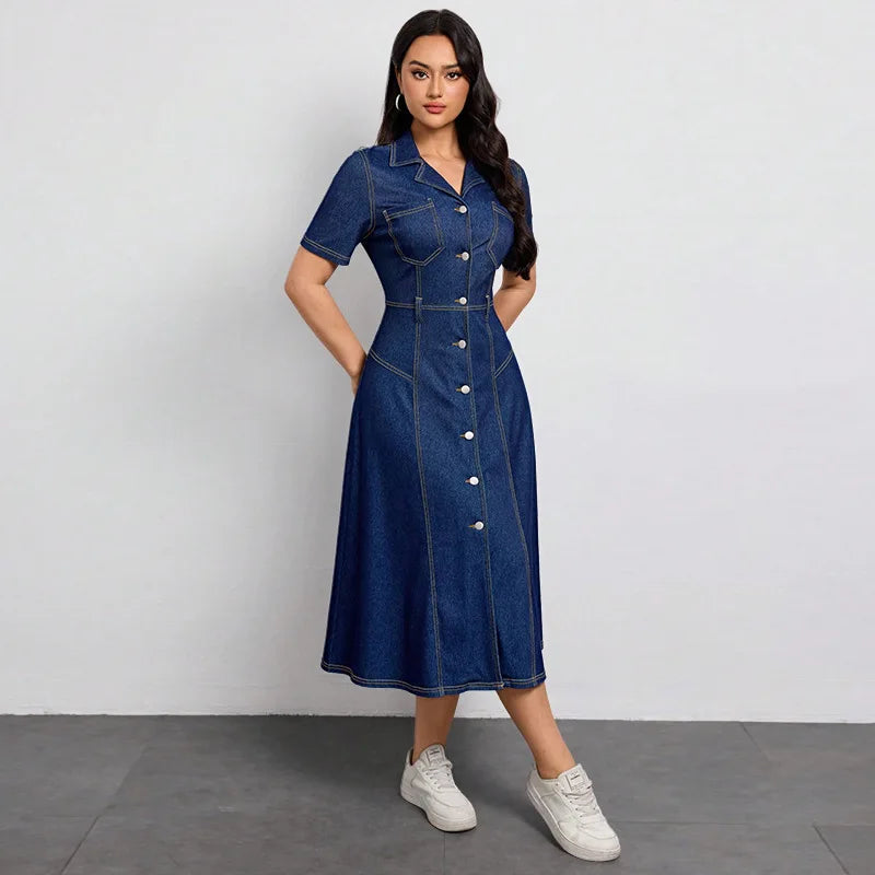 Robe longue en jean à simple boutonnage et col cranté pour femmes