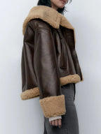 Manteau en faux cuir PU et fourrure de mouton pour femmes