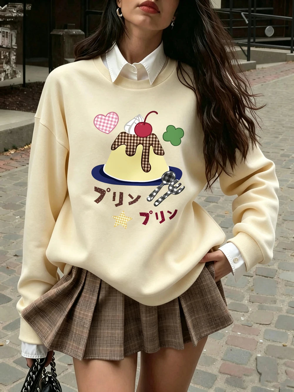 Sweat-shirts à imprimés japonais Caramel Pudding pour femmes