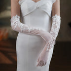 Gants en tulle doux avec appliques en dentelle blanche pour femmes