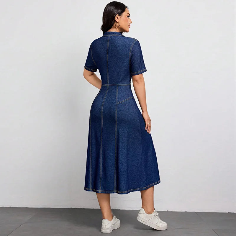Robe longue en jean à simple boutonnage et col cranté pour femmes