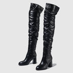Cuissardes zippées en cuir plissé pour femmes