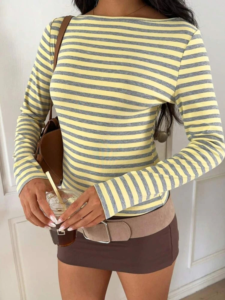 T-shirt Ajusté Femme – Manches Longues et Rayures Contrastantes