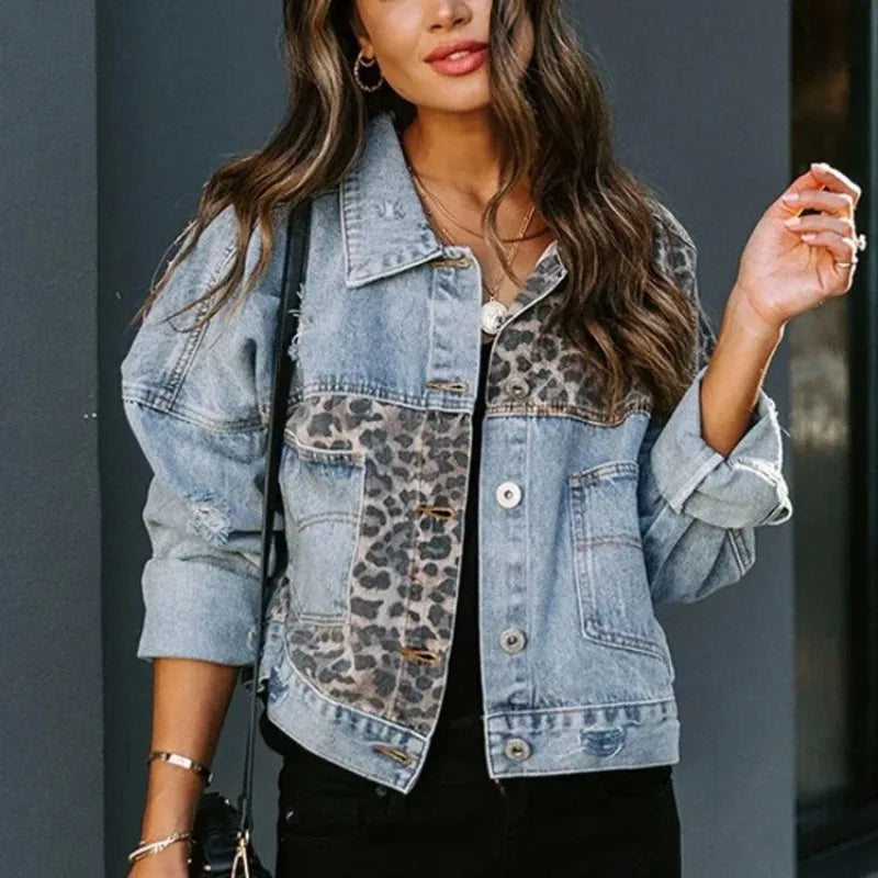 Veste en jean patchwork imprimé léopard pour femmes