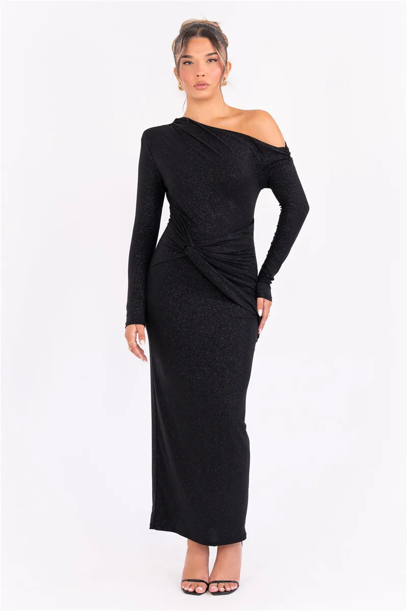 Robe longue sexy à manches longues et paillettes pour femmes