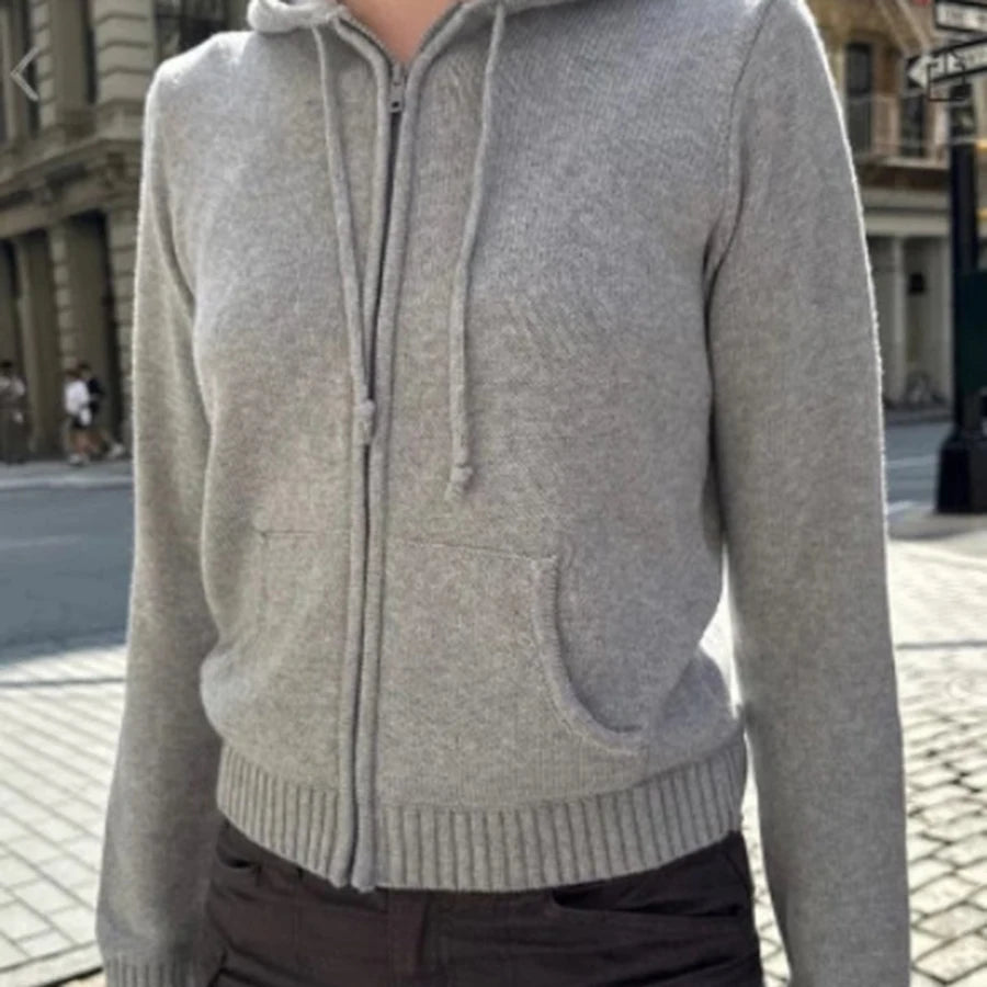 Cardigan tricoté en coton à capuche avec cordon de serrage et fermeture éclair pour femmes