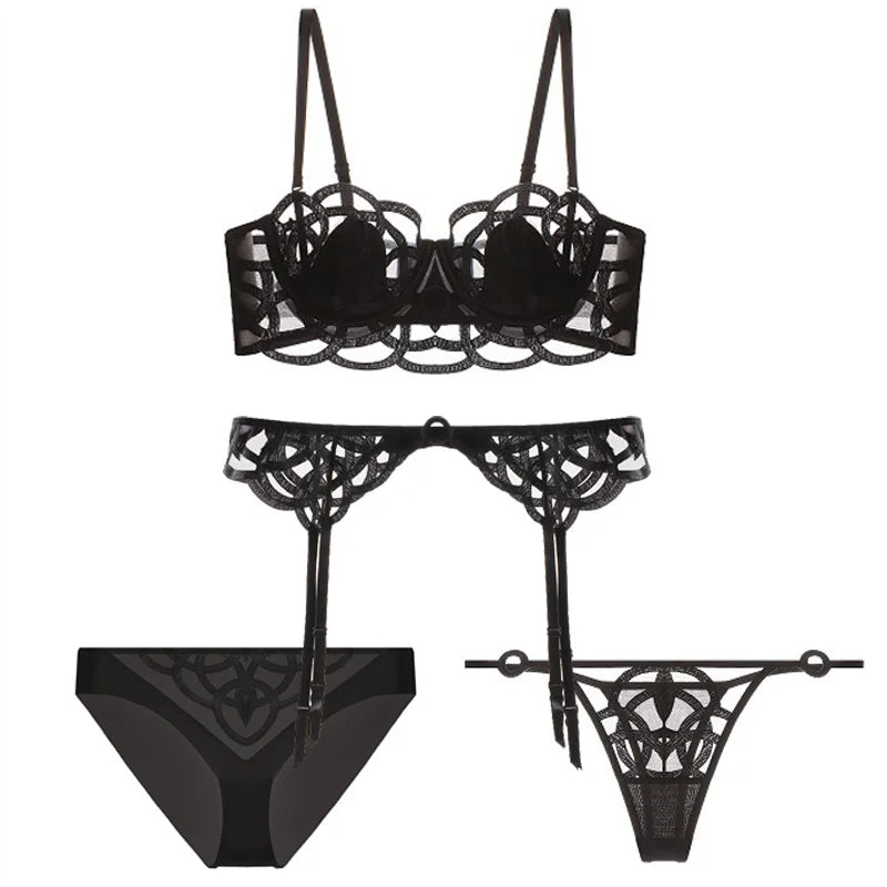 Ensemble de lingerie 3 pièces soutien-gorge + jarretières + string pour femmes