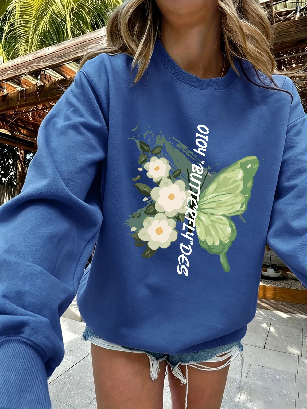 Sweat-shirts imprimés de fleurs de papillons verts pour femmes