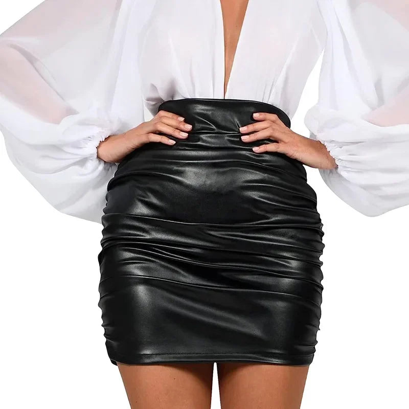 Jupe plissée sexy en cuir mat pour femmes