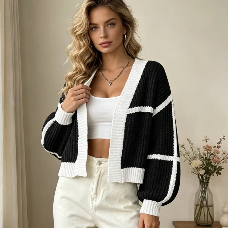Cardigan Court Femme – Col V et Blocs de Couleurs