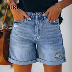 Short en jean à franges déchirées taille haute pour femmes