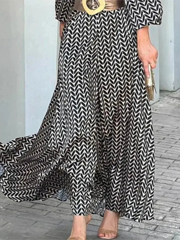 Robe longue noire imprimée à col en V pour femmes