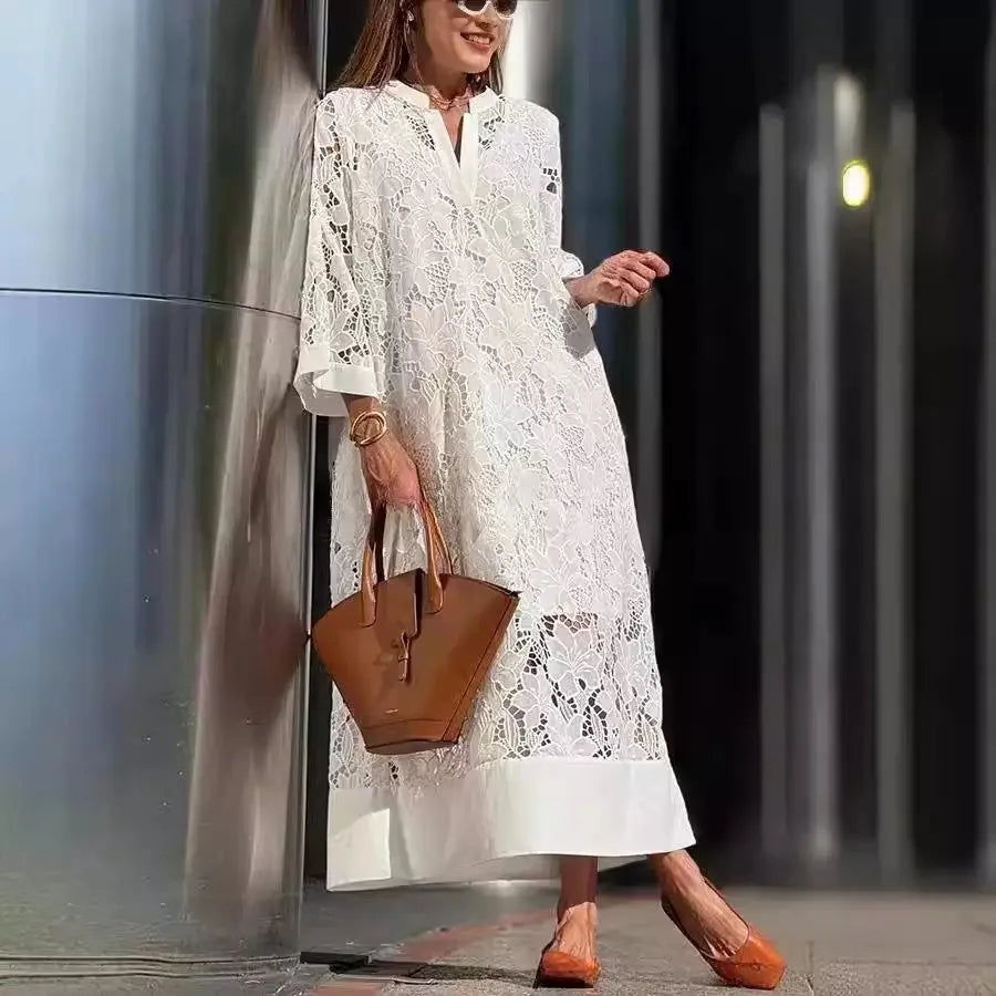 Robe midi en dentelle crochetée à appliqués floraux 3D pour femmes