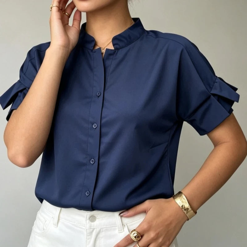 Chemisier Bleu Marine Femme – Col Montant et Manches Courtes