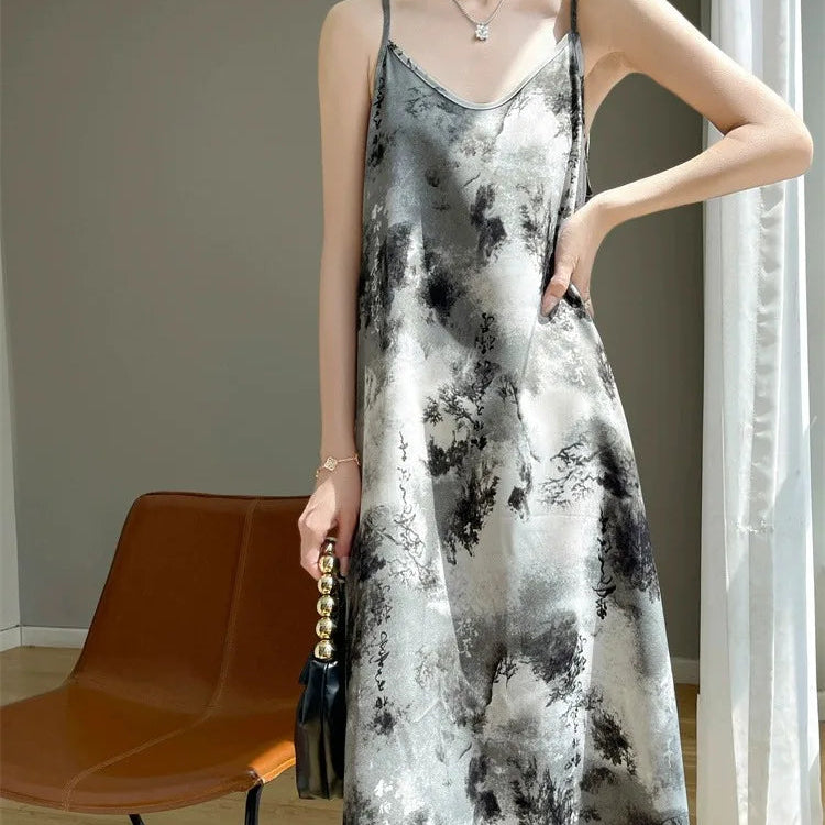 Robe à bretelles en satin à imprimé floral pour femmes