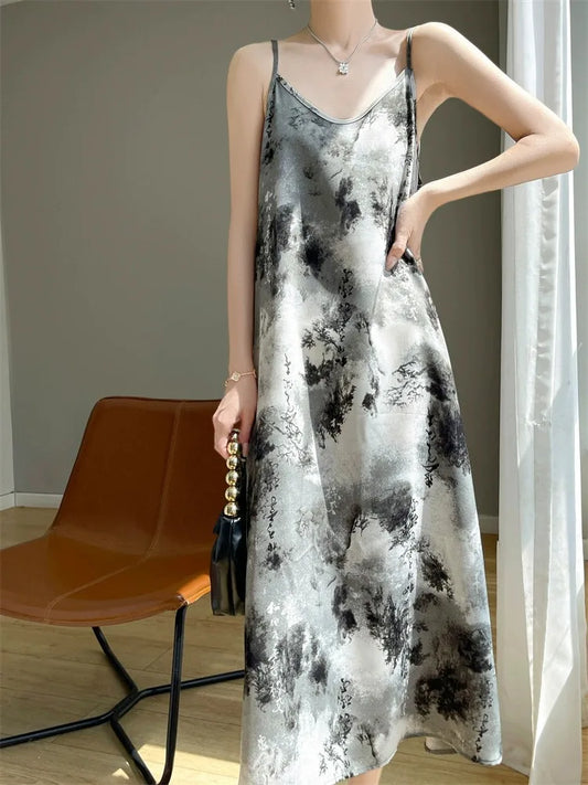 Robe en Satin Fleuri Femme – À Bretelles