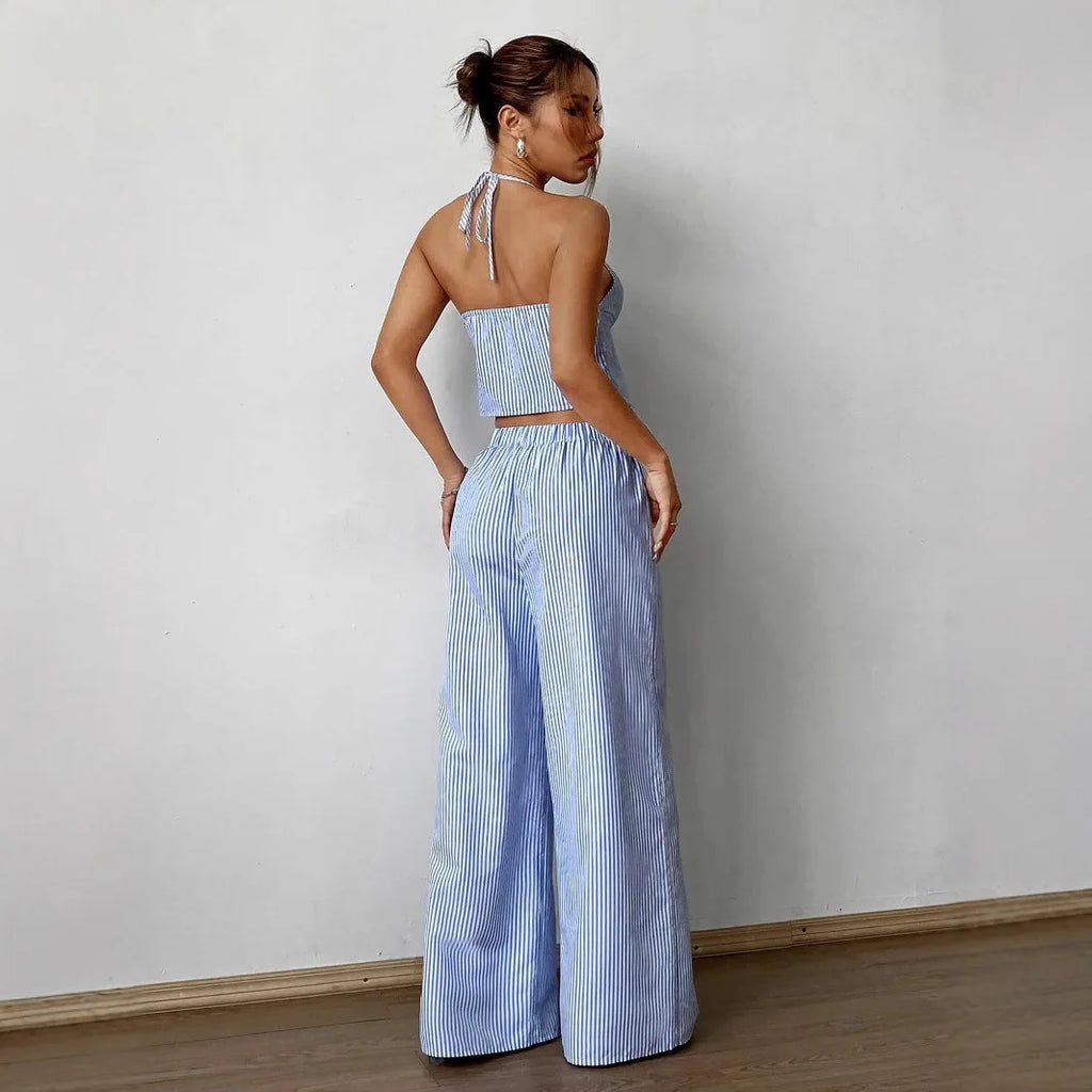 Ensemble deux pièces décontracté gilet ajouré à lacets rayé et pantalon ample pour femmes