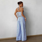 Ensemble deux pièces décontracté gilet ajouré à lacets rayé et pantalon ample pour femmes