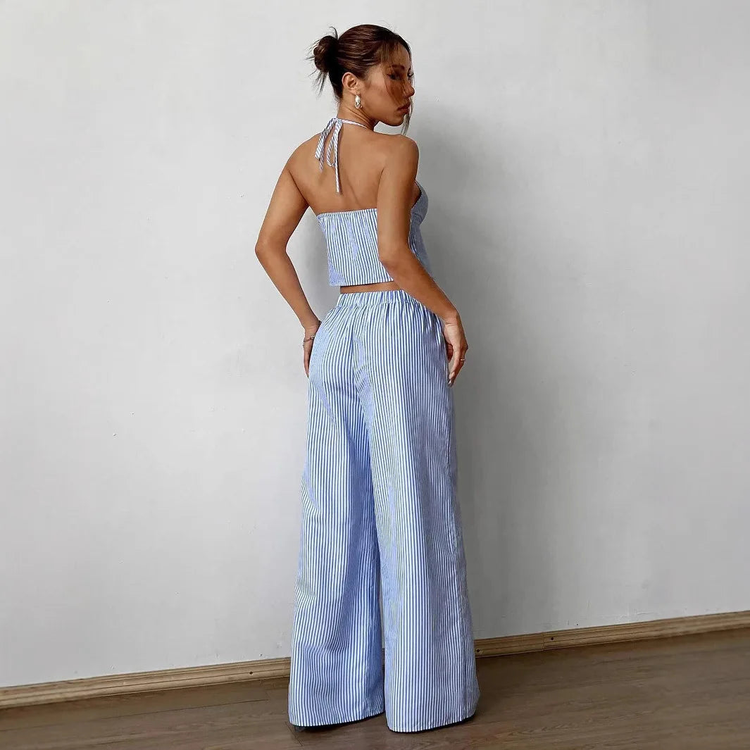 Ensemble deux pièces décontracté gilet ajouré à lacets rayé et pantalon ample pour femmes