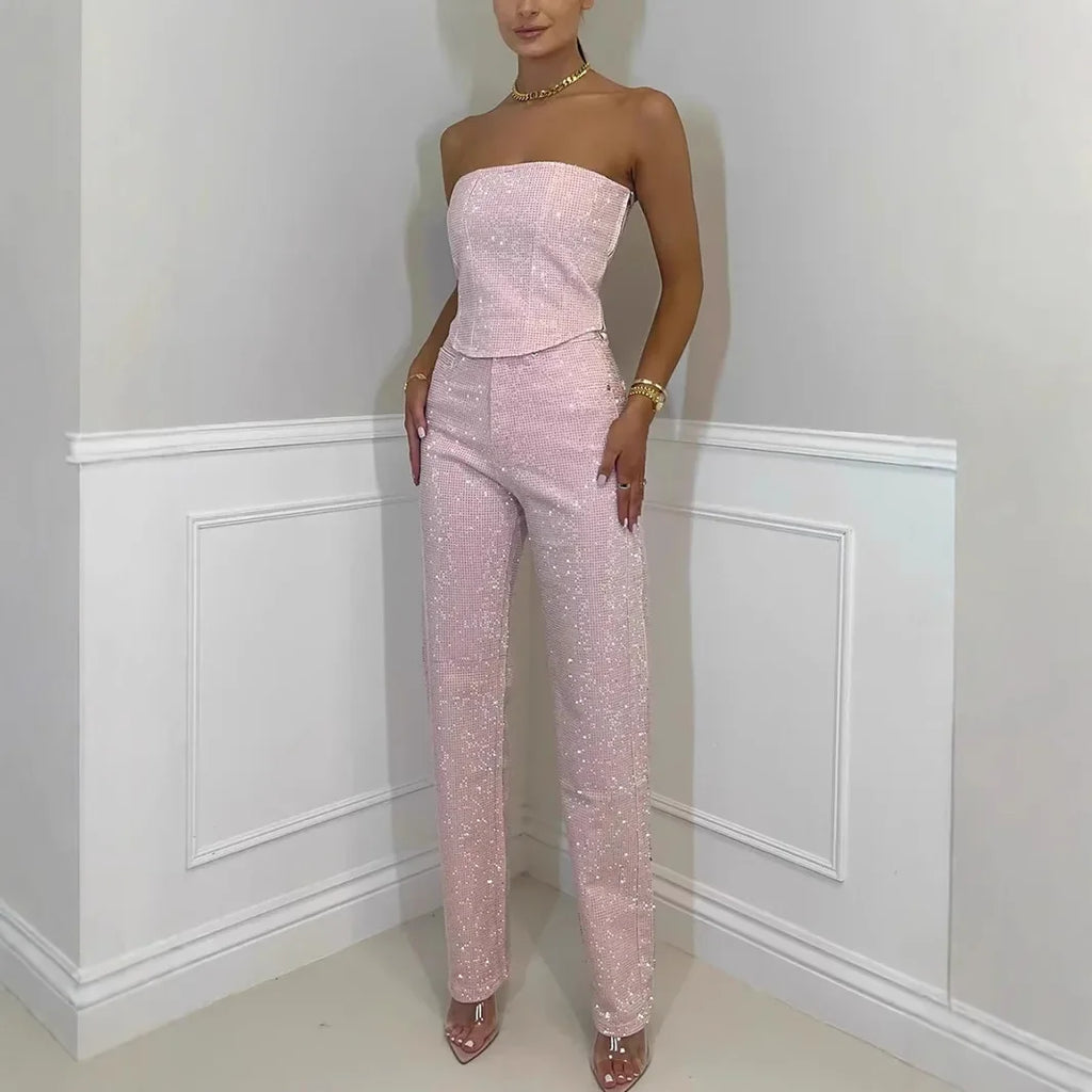 Ensembles pantalon tube en denim à paillettes pour femmes