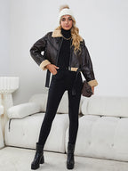 Veste courte en faux cuir d'agneau pour femmes