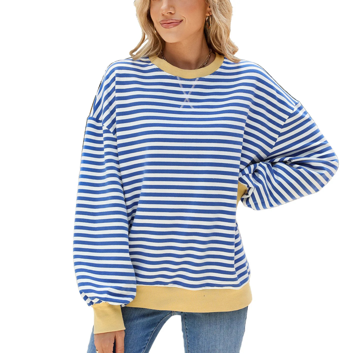 T-shirt à manches longue décontracté ample rayé pour femmes