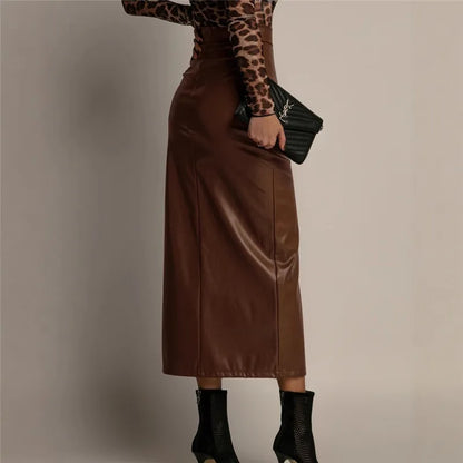 Jupe Midi Femme en Similicuir à Fente Haute