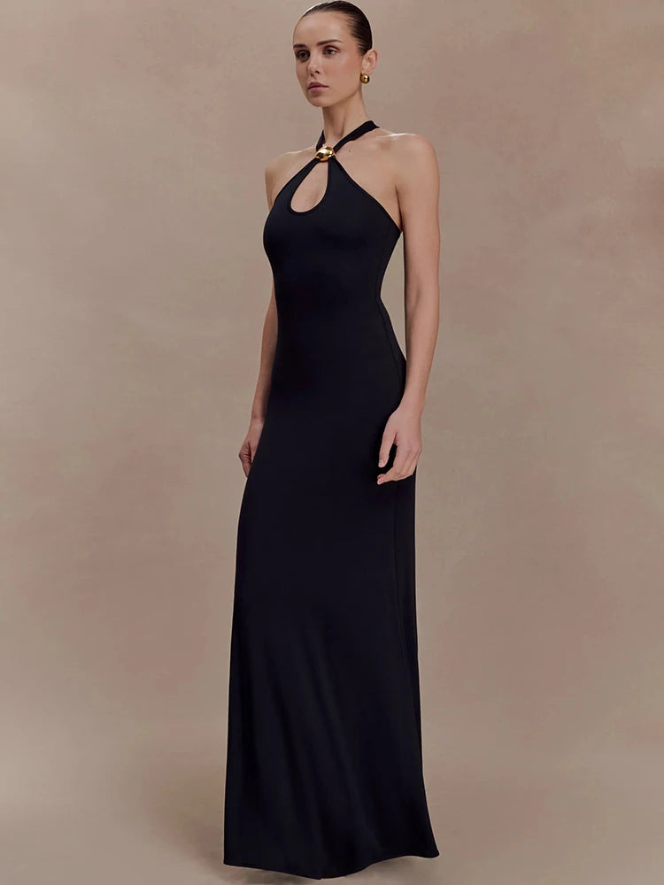 Robe Longue Noire Femme – Anneau Doré Élégant