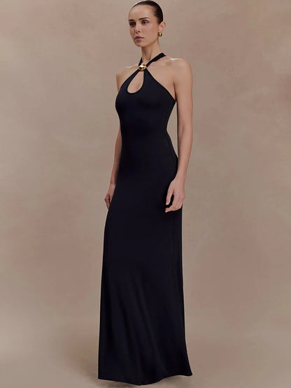 Robe Longue Noire Femme – Anneau Doré Élégant