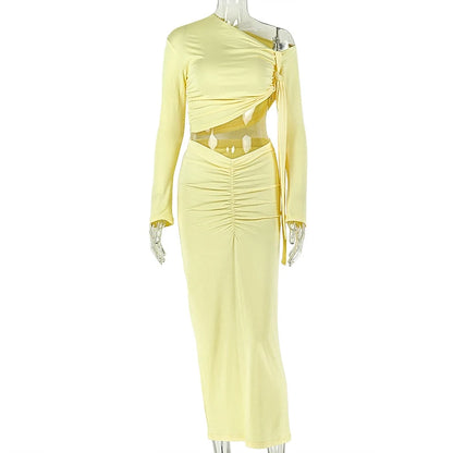 Ensemble femme haut asymétrique et jupe longue froncée