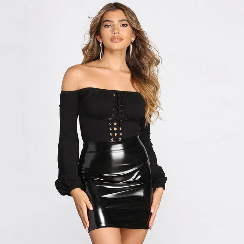 Mini-Jupe Crayon Taille Haute en Similicuir Brillant