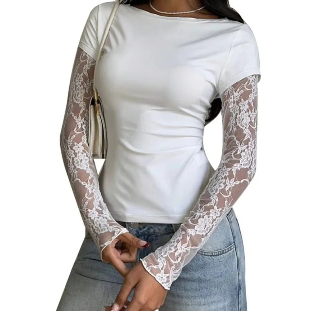 Haut en dentelle à motifs patchwork et tissu transparent pour femmes