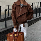 Veste courte ample marron vintage à revers asymétriques pour femmes