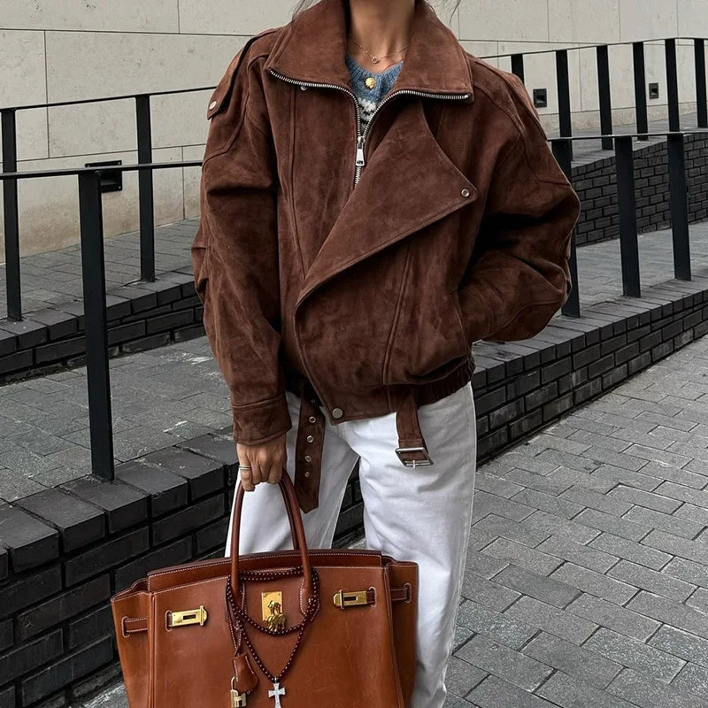 Veste courte ample marron vintage à revers asymétriques pour femmes